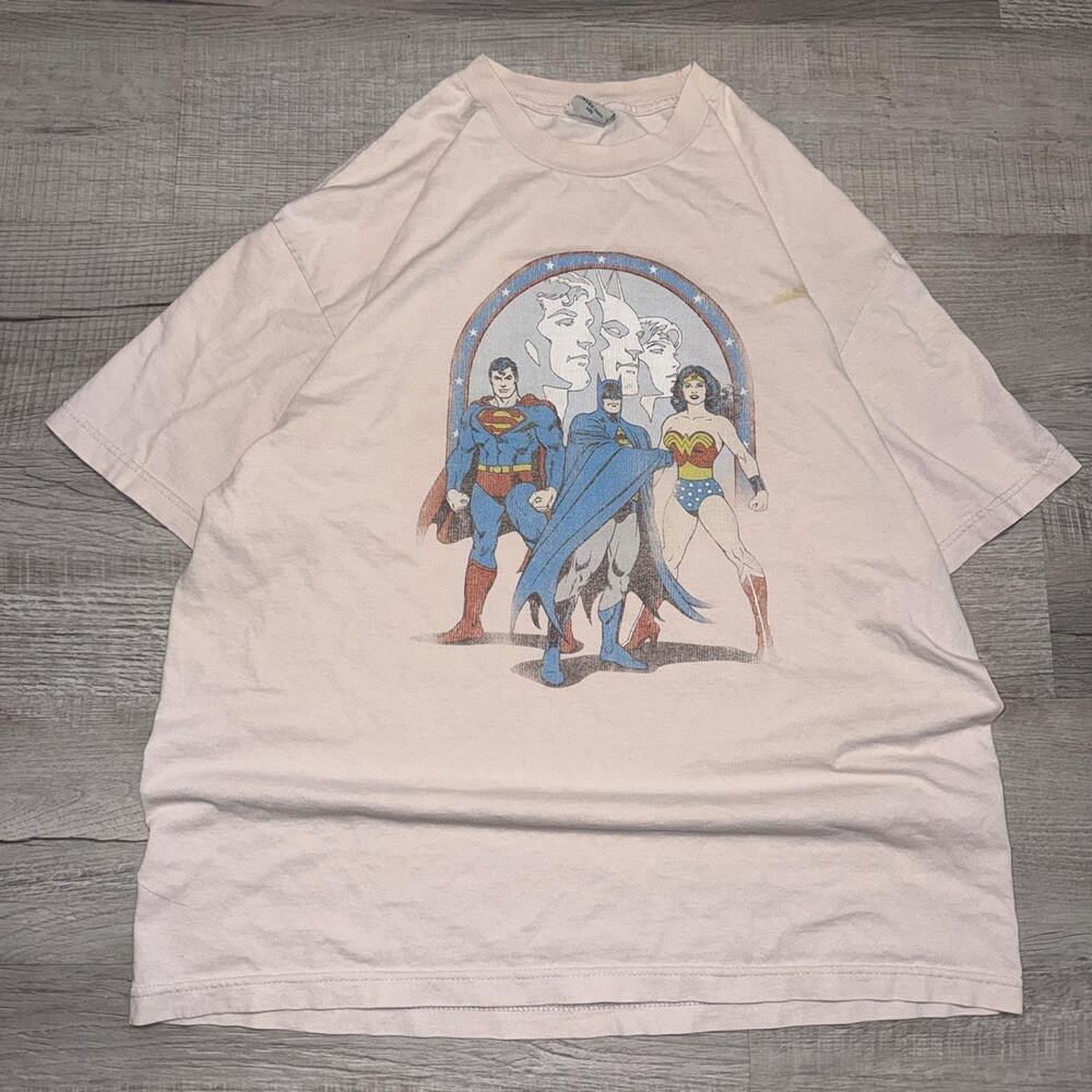 Vintage faded DC comic pink superhero trinity graphic t-shirt size XL
